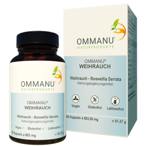 Ommanu Naturprodukte - Etikett von OMMANU® WEIHRAUCH mit Verpackung daneben - Vegan - Glutenfrei - Laktosefrei und weitere Inhaltsangaben