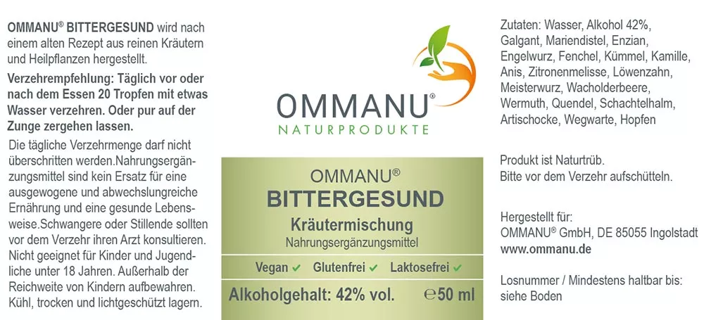 Ommanu Naturprodukte - Etikett von OMMANU® BITTERGESUND mit Angabe der Inhaltsstoffe, rechtlichen Hinweisen, Zutaten und Verzehrempfehlungen - Alkoholgehalt: 42% vol. - Vegan - Glutenfrei - Laktosefrei