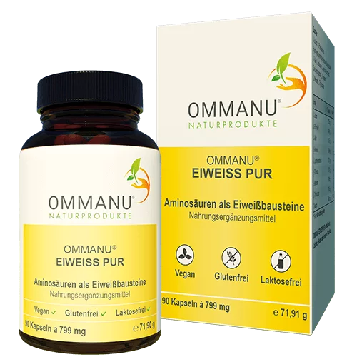 Ommanu Naturprodukte - Etikett von OMMANU® EIWEISS PUR mit Verpackung daneben - Vegan - Glutenfrei - Laktosefrei und weitere Inhaltsangaben