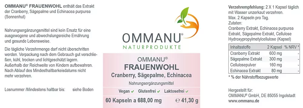 Ommanu Naturprodukte - Etikett von OMMANU® FRAUENWOHL mit Angabe der Inhaltsstoffe, rechtlichen Hinweisen, Zutaten und Verzehrempfehlungen - 90 Kapseln a 688,00mg - Vegan - Glutenfrei - Laktosefrei