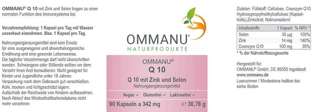 Ommanu Naturprodukte - Etikett von OMMANU® Q10 mit Angabe der Inhaltsstoffe, rechtlichen Hinweisen, Zutaten und Verzehrempfehlungen - 90 Kapseln a 342mg - Vegan - Glutenfrei - Laktosefrei