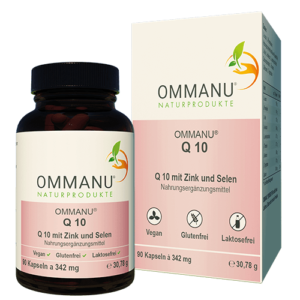 Ommanu Naturprodukte - OMMANU® Q10 Flasche mit Verpackung daneben - Vegan - Glutenfrei - Laktosefrei und weitere Inhaltsangaben